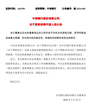 中信银行：变更保荐代表人