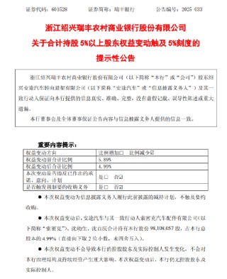 瑞丰银行：股东安途汽车合计减0.89%股份