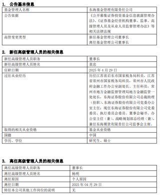 东海基金高管变更：杨明因个人原因离任 袁忠接任董事长