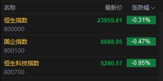 快讯：恒指低开0.31% 科指跌0.95% 科网股普跌 黄金股延续涨势