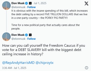 马斯克将特朗普的税收法案斥为 “债务奴役”，并誓言罢免支持该法案的共和党人