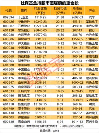 社保基金最新重仓股名单出炉，18股持股市值超10亿元