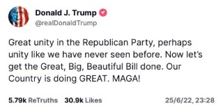 特朗普吹捧共和党团结，敦促就“大而美”法案采取行动