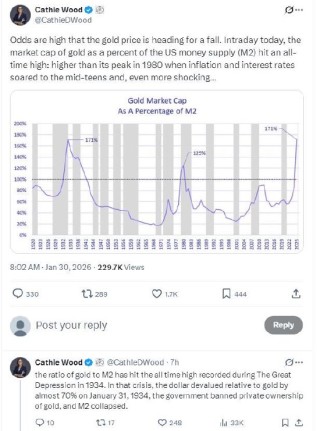“木头姐”警告：真正的泡沫不是AI是黄金，美元上涨将戳破泡沫