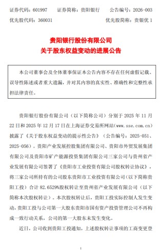 贵阳银行：三公司转让贵阳工投82.6529%股权工商变更完成