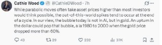 “木头姐”警告：真正的泡沫不是AI是黄金，美元上涨将戳破泡沫
