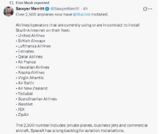全球超2500架飞机已安装星链系统