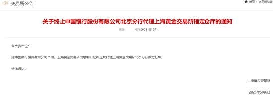 上金所：终止中国银行北京分行代理上海黄金交易所指定仓库  第1张