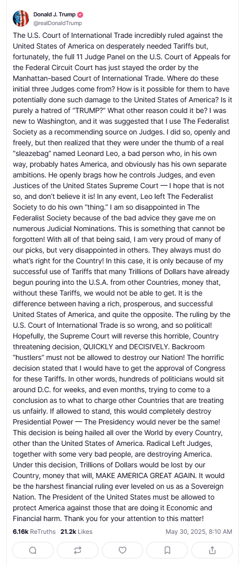 美政府关税措施被叫停后,特朗普首次发长文回应! 第1张 美政府关税措施被叫停后,特朗普首次发长文回应! 第1张