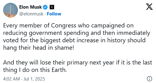 马斯克将特朗普的税收法案斥为 “债务奴役”,并誓言罢免支持该法案的共和党人 第2张 马斯克将特朗普的税收法案斥为 “债务奴役”,并誓言罢免支持该法案的共和党人 第2张