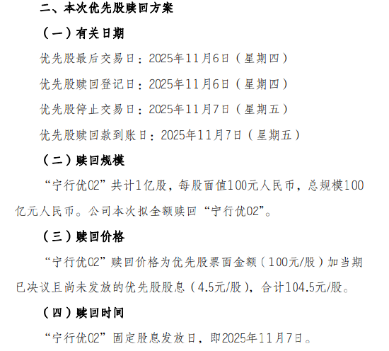 宁波银行:拟赎回1亿股优先股 赎回时间为2025年11月7日 第1张 宁波银行:拟赎回1亿股优先股 赎回时间为2025年11月7日 第1张