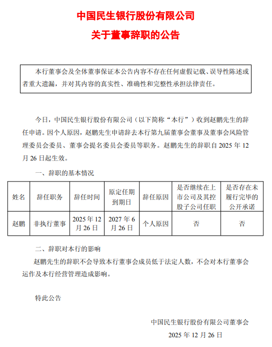 民生银行：赵鹏辞任非执行董事  第1张