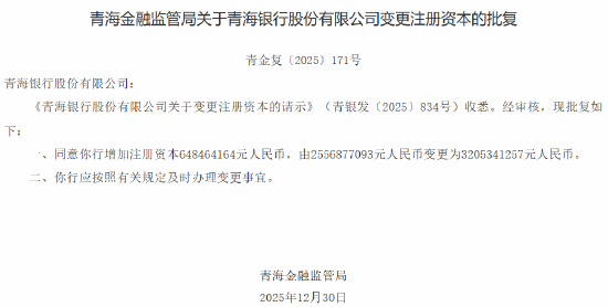 青海银行获批增加注册资本至32.05亿元  第1张