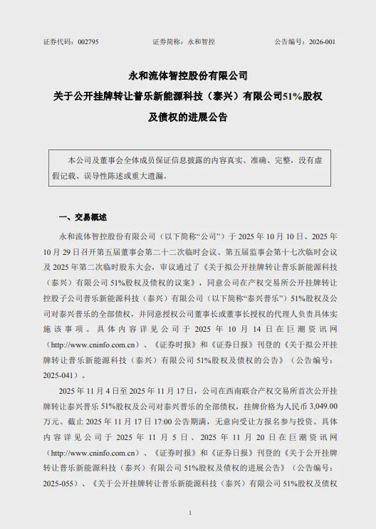 最高报价0.0101万元，永和智控6次挂牌普乐科技51%股权终迎买方  第1张