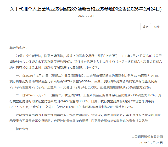 中国银行：调整代理个人上金所业务交易保证金比例、涨跌幅度限制  第1张