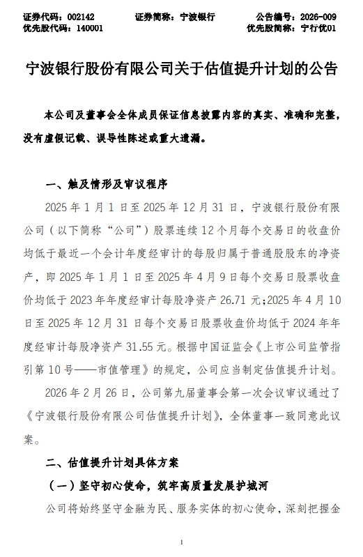 宁波银行发布估值提升计划 第1张 宁波银行发布估值提升计划 第1张