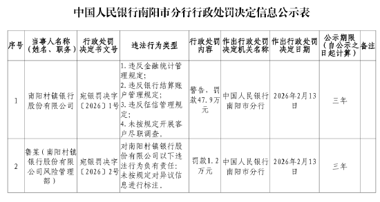 南阳村镇银行被罚47.9万元：违反金融统计管理规定等  第1张