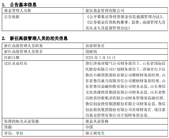 泰信基金新任段晓旭为首席财务官 夯实财务管控根基  第1张