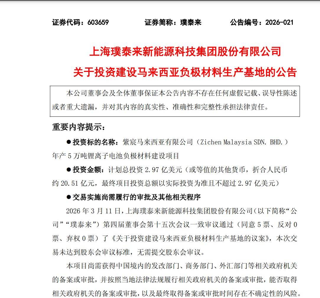 璞泰来计划自掏超20亿元在马来西亚建厂！剑指5万吨负极产能，短期业绩却难迎春？  第1张