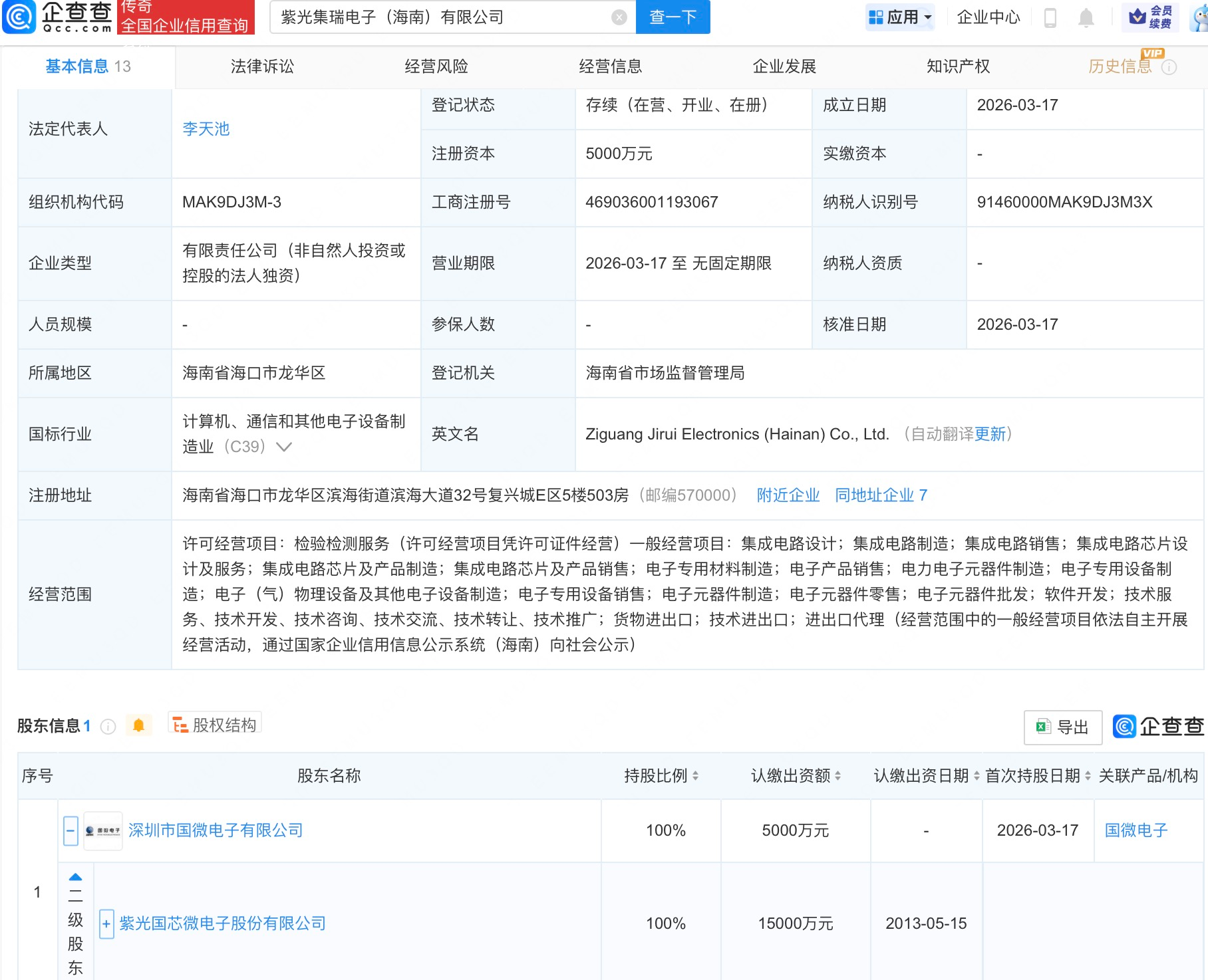 紫光国微在海南成立新公司 含集成电路芯片业务  第1张