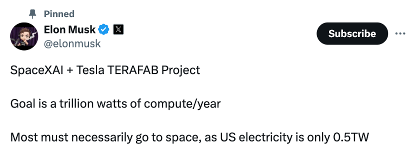 马斯克官宣史上最大造芯计划:年算力产能1太瓦,用于机器人和太空AI项目等 第1张 马斯克官宣史上最大造芯计划:年算力产能1太瓦,用于机器人和太空AI项目等 第1张