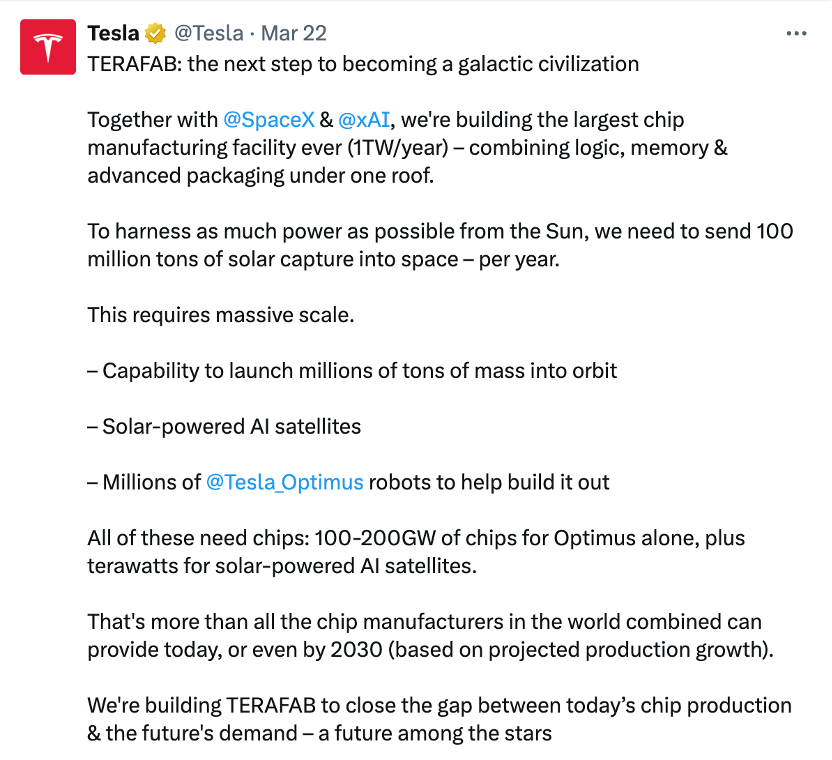 马斯克官宣史上最大造芯计划:年算力产能1太瓦,用于机器人和太空AI项目等 第2张 马斯克官宣史上最大造芯计划:年算力产能1太瓦,用于机器人和太空AI项目等 第2张