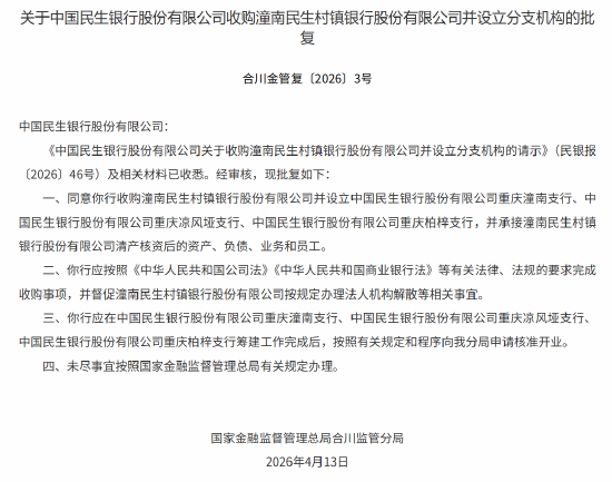 民生银行获批收购潼南民生村镇银行并设立分支机构 第1张 民生银行获批收购潼南民生村镇银行并设立分支机构 第1张